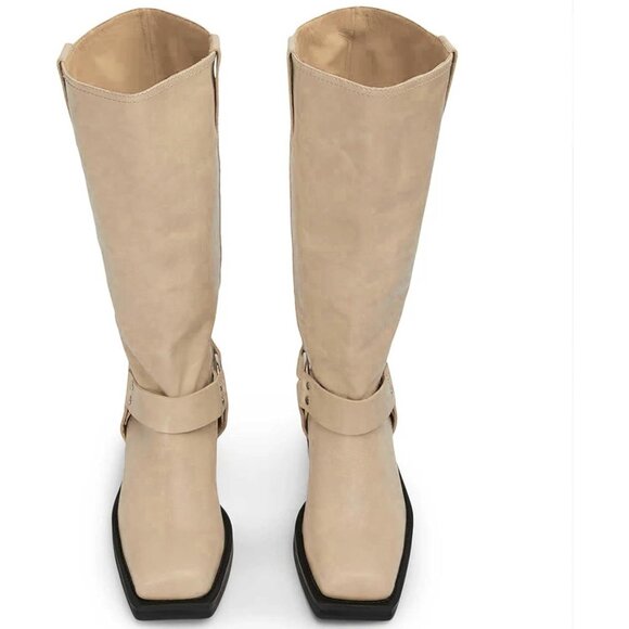 Women's Polyurethane Beige Squared Toe Knee High Tall Riding Motorcycle Boots - Picture 4 of 7